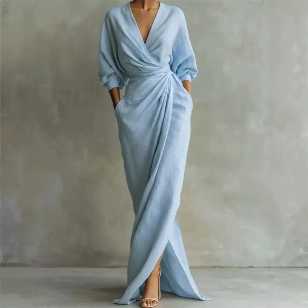 New Fashion Solid V Neck Long Sleeve Long Dresses Autumn Women's Ruched Waist Split Hem With Pockets Casual Vacation Dress