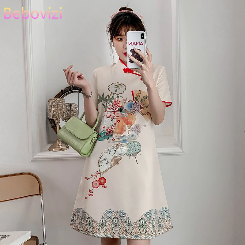 2021 New 3XL 4XL Summer Casual Party Loose Fashion Modern Cheongsam Dress Women Short Sleeve Qipao Traditional Chinese Clothes