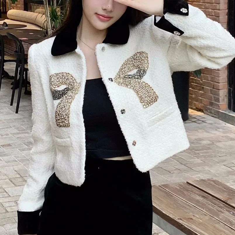 

Женский шерстяной жакет Ele Color Blo с пайетками и узлом, украшенный бисером в китайском стиле, с блестящим воротником