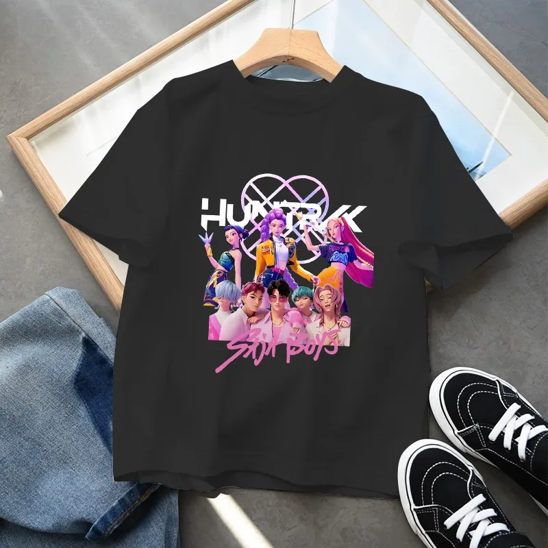 KPop Demon Hunteres เสื้อยืดสีดำการ์ตูนอะนิเมะแขนสั้นชายหญิงฤดูร้อนเสื้อผ้าเด็กแฟชั่น Tee ของขวัญวันเกิด