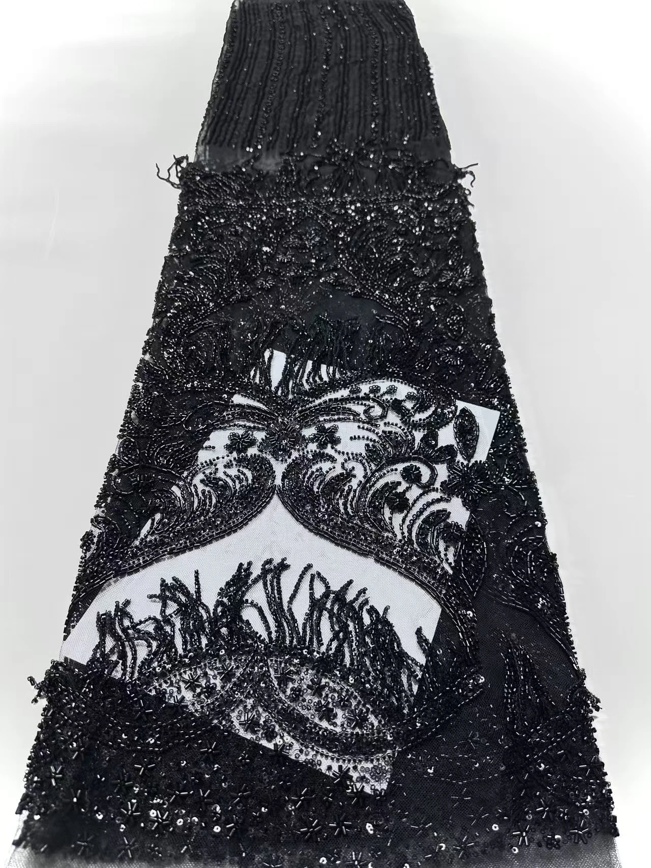 High Quality New for Party Dress Luxury Beaded with Sequins Fringed Lace Fabric Nigeria Embroidery Sequin Tassel Fabric AH1587