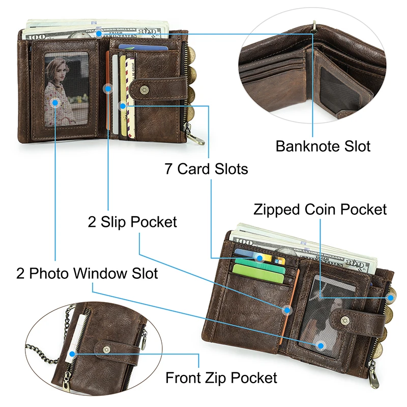 CONTACT'S portafogli in vera pelle per uomo portafoglio corto Casual Bifold da uomo catena in metallo porta carte RFID portamonete fermasoldi