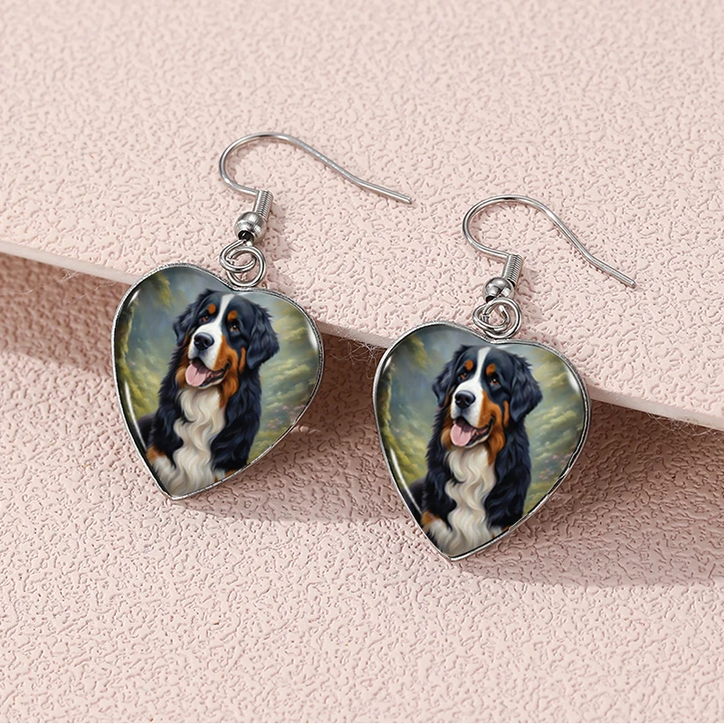 2024 New Bernese Mountain Dog Dangle Earring Heart Shaped Earrings Handmade Glass Dome Jewelry view 3
