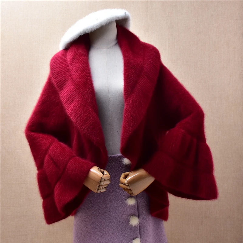 

Women Mujer Fall Winter Clothing Wine Soft Pure Angora Rabbit Hair Knitted Long Flare Sleeves Loose Cardigans Cloak Sweater Pull