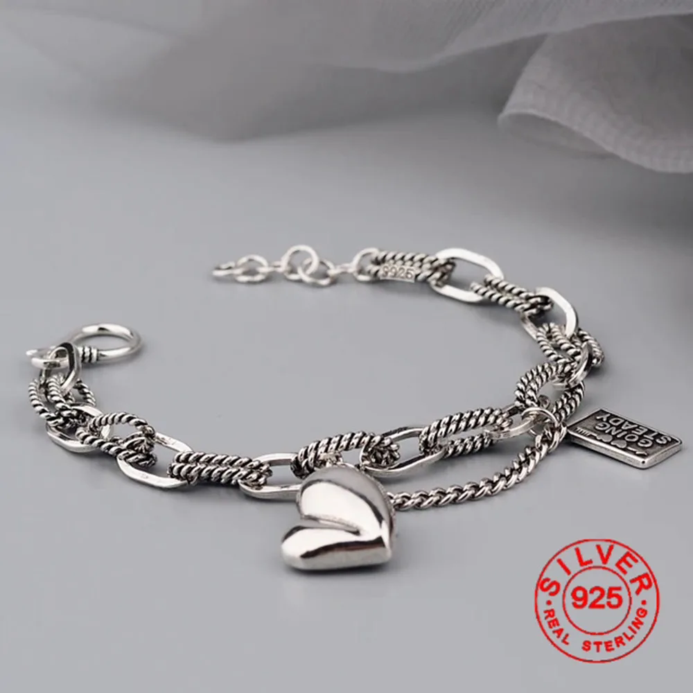 100% Rắn 925 Sterling Silver Bạc Hiphop Dày Trái Tim Vòng Đeo Tay Cho Phụ Nữ Người Đàn Ông Cổ Điển Handmade Then Cửa Vòng Đeo Tay Món Quà Sinh Nhật