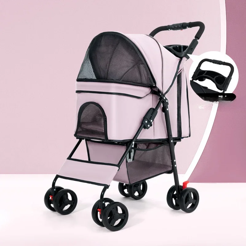 

A Four Wheel Foldable Dog Stroller Universal Front Wheel Rear Wheel Dual Brakes Convenient Dining Plate Conveyors And Strollers