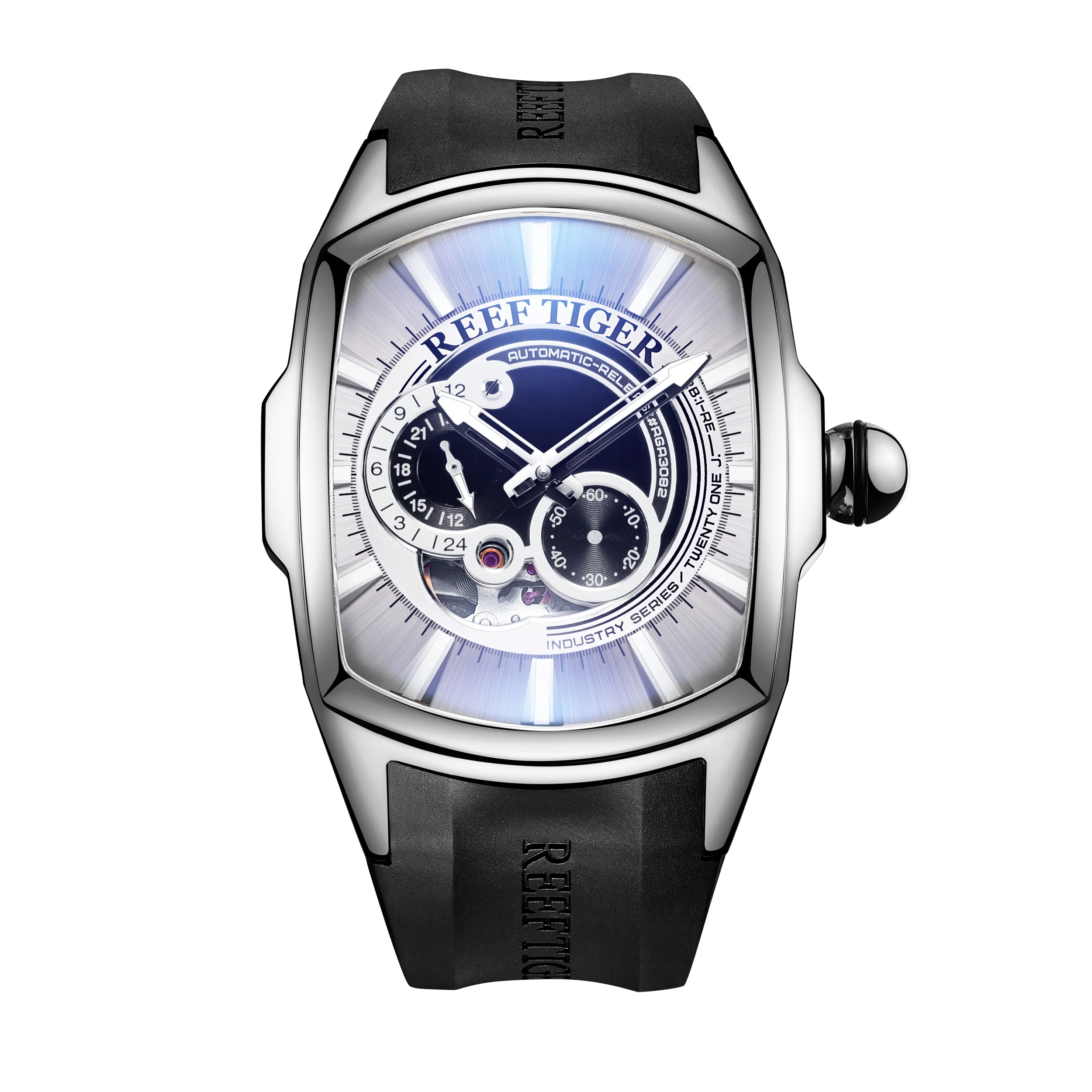 

Reef Tiger Мужские автоматические часы 47 мм Tonneau Механические наручные часы Скелет Светящийся маленький секундный циферблат 24 часа RGA3069S