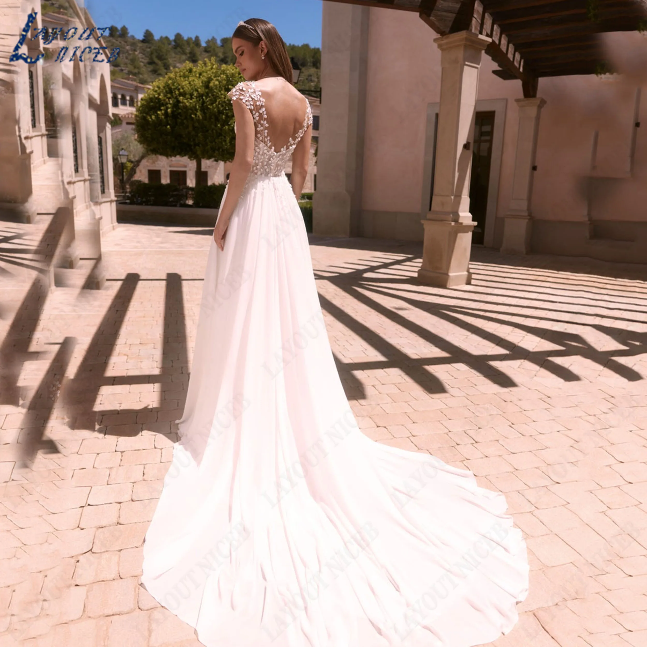LAYOUT NICEB Customized Applique Cap Sleeve V Neck Bridal Gown Chiffon A-line Backless Wedding Dress vestidos de novia boda