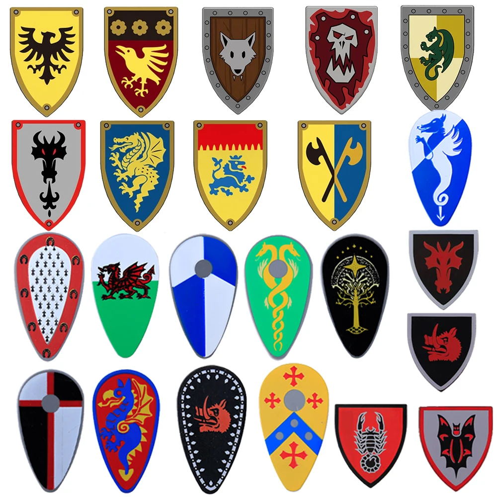 Bloques de construcción de escudo de caballero Castillo Medieval, figuras de películas, banderas de montaje en Orc, accesorios para armas militares, juguetes de soldados, regalo Q062