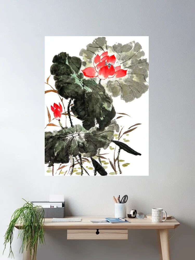 

Chinese Watercolor of lotus flower composition landscape, Print Art Canvas Poster, For Living Room Decor, Home Wall Picture