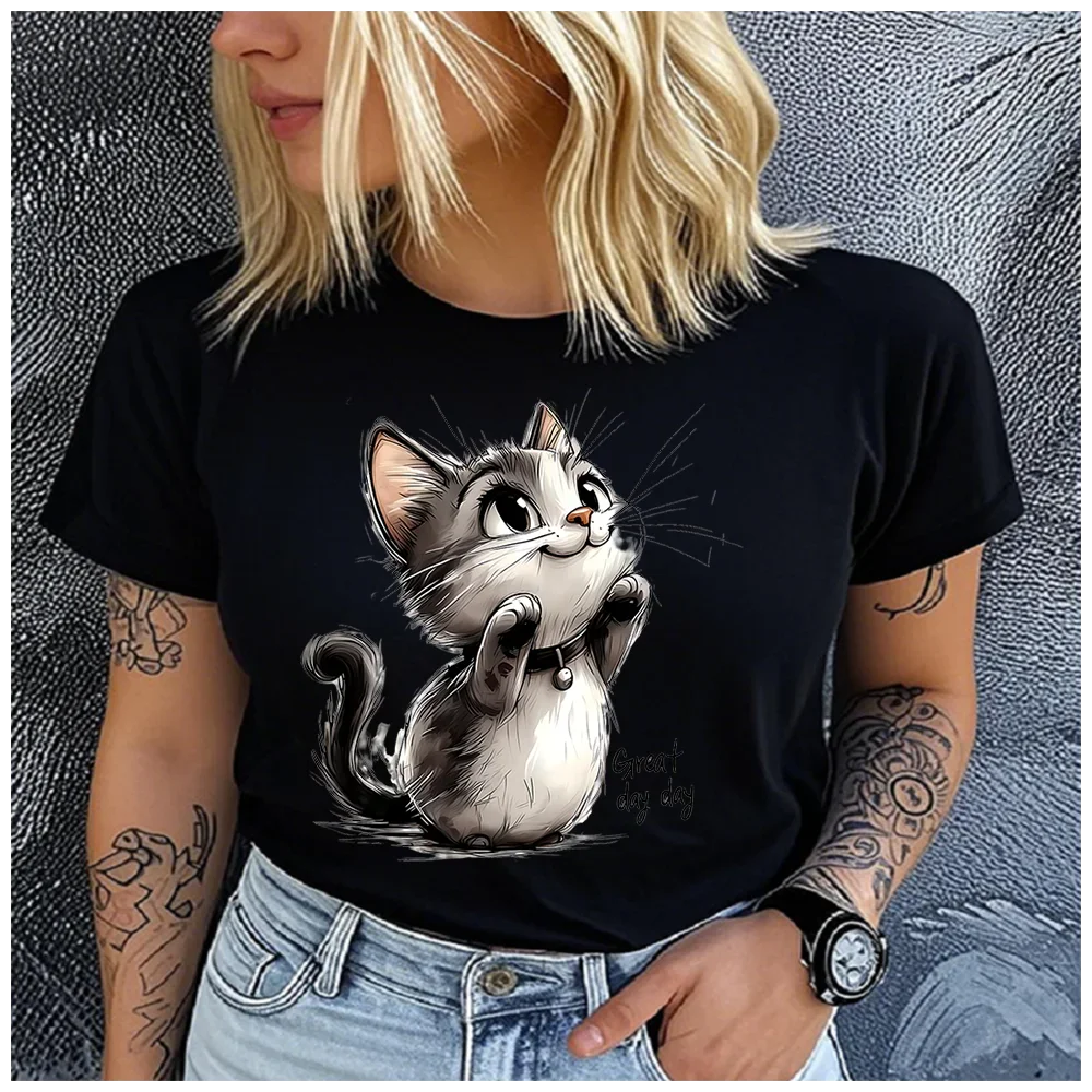 Women Summer Top Great Day Day Hand-drawn Style Cat Graphic Print Loose O-Neck Short Sleeve Trendy Women High Qaulity Fabric Tee