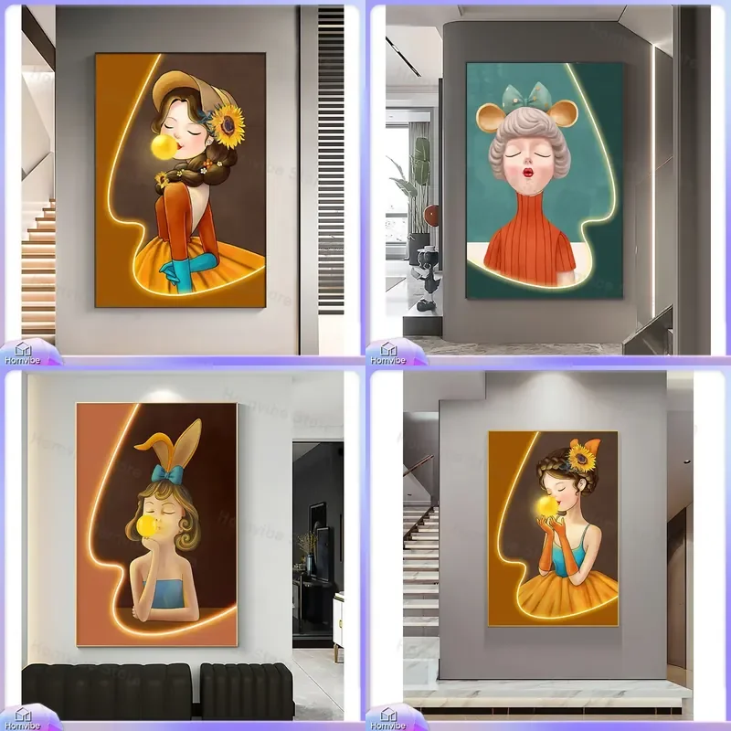 Modern Light Luxury Orange Bubble Girl Canvas Painting Luminous LED Wall Art Living Room Corridor Entrance Floor Decor Home