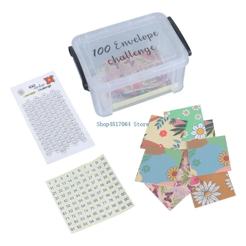 T3LB 100 Envelopes for Money Saving, Including 100 Number Stickers and Clear Plastic Storage Box Money Saving Challenge Kits