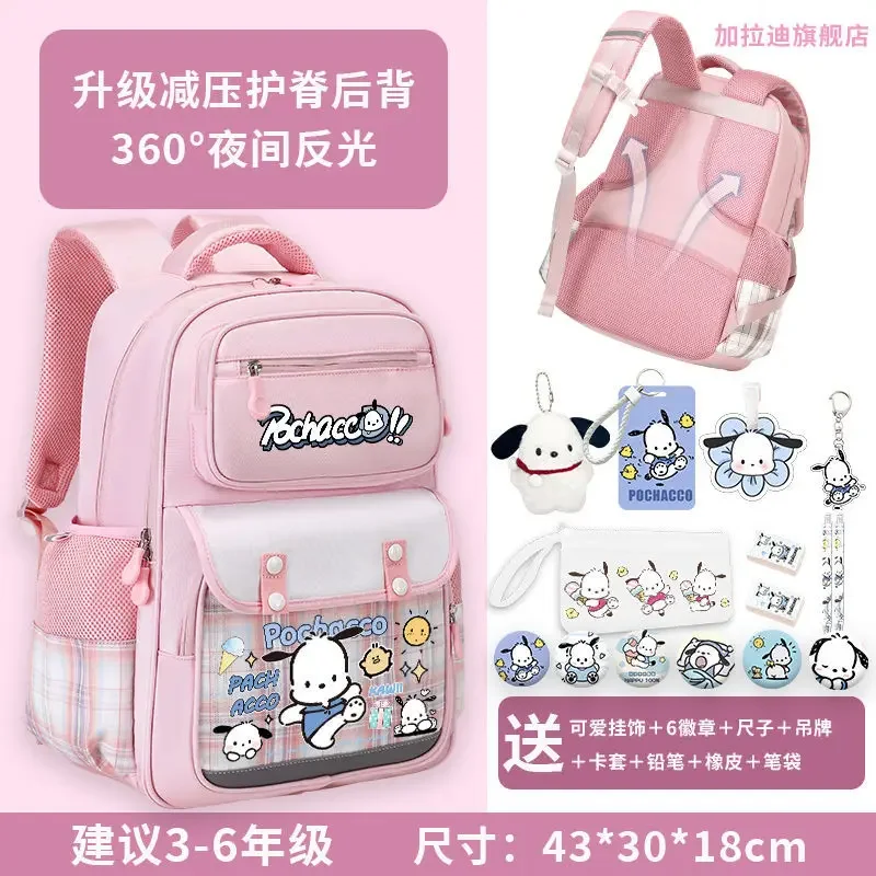 Sanrio Pacha Dog tas sekolah pelindung tulang belakang imut, tas ransel kapasitas besar tampak bagus untuk pelajar wanita