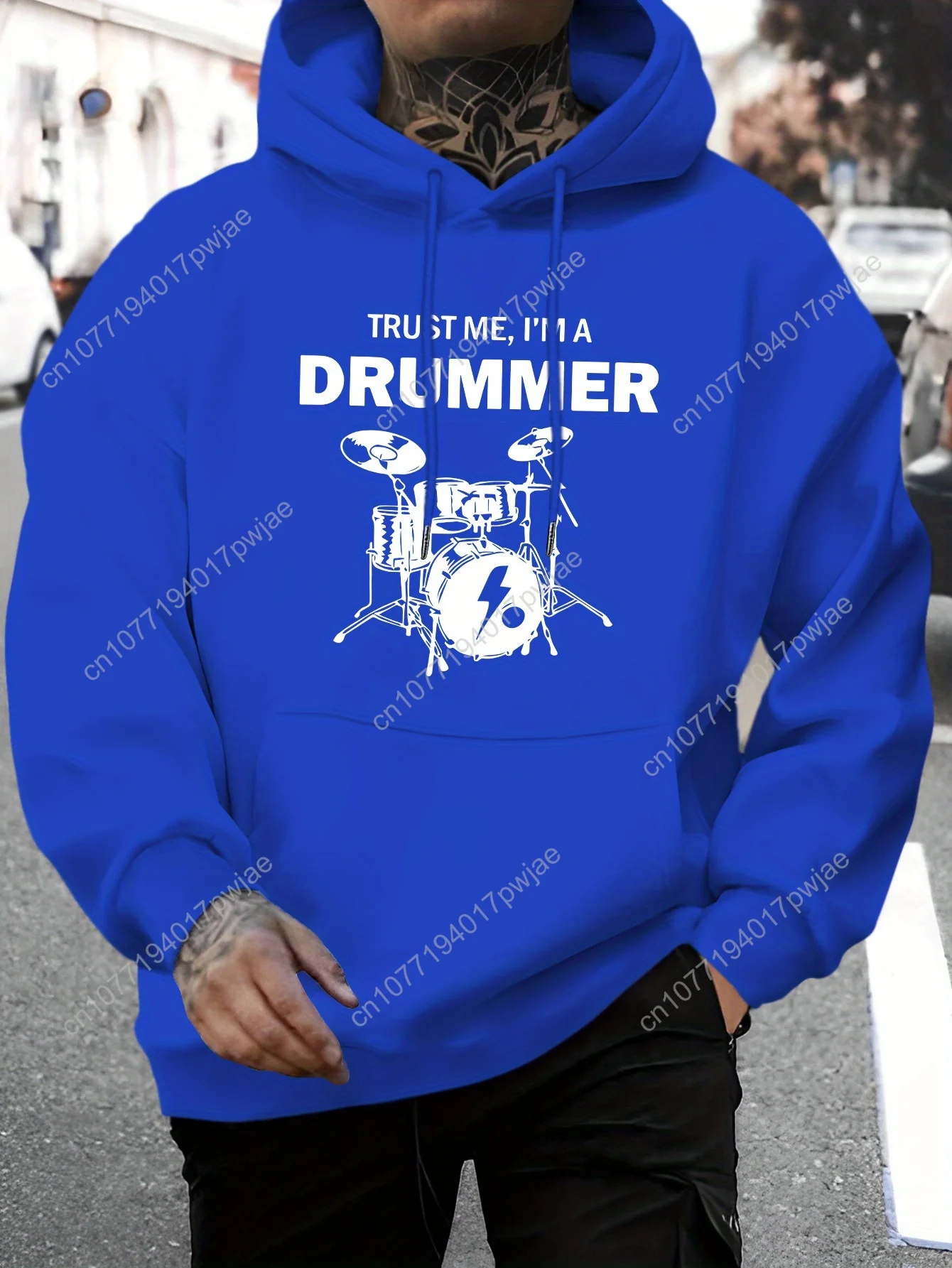 [Felpa con cappuccio grafica da uomo] Felpa con cappuccio grafica casual "Trust Me, I'm a Drummer" da uomo - Comodo pullover a maniche lunghe con coulisse,