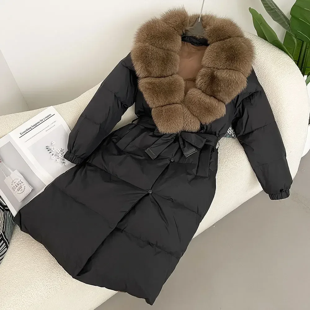 Luxurious 2024 Winter Jacket Women Natural Real Fox Raccoon Fur Collar 90% White Duck Down Coat Thick Warm Belt Casual Outerwear