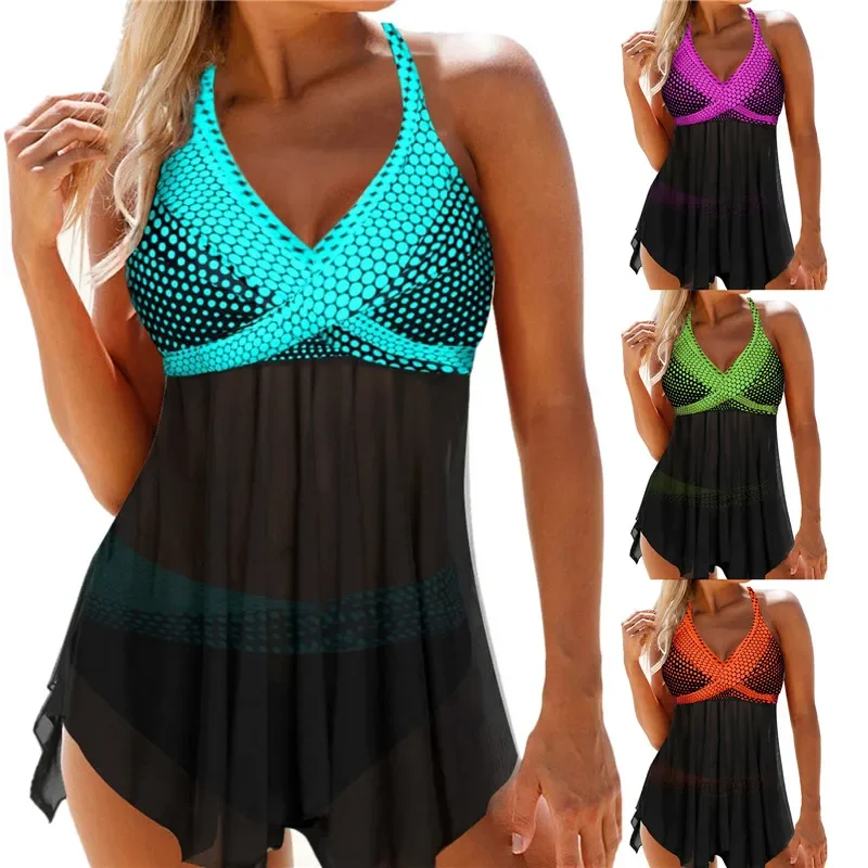 

S-3XL Big Size Women Two-Piece Swimming Suit V-Neck Sleeveless Variegated Color Tops Lake Blue Green Orange Purple Lady Swimsuit