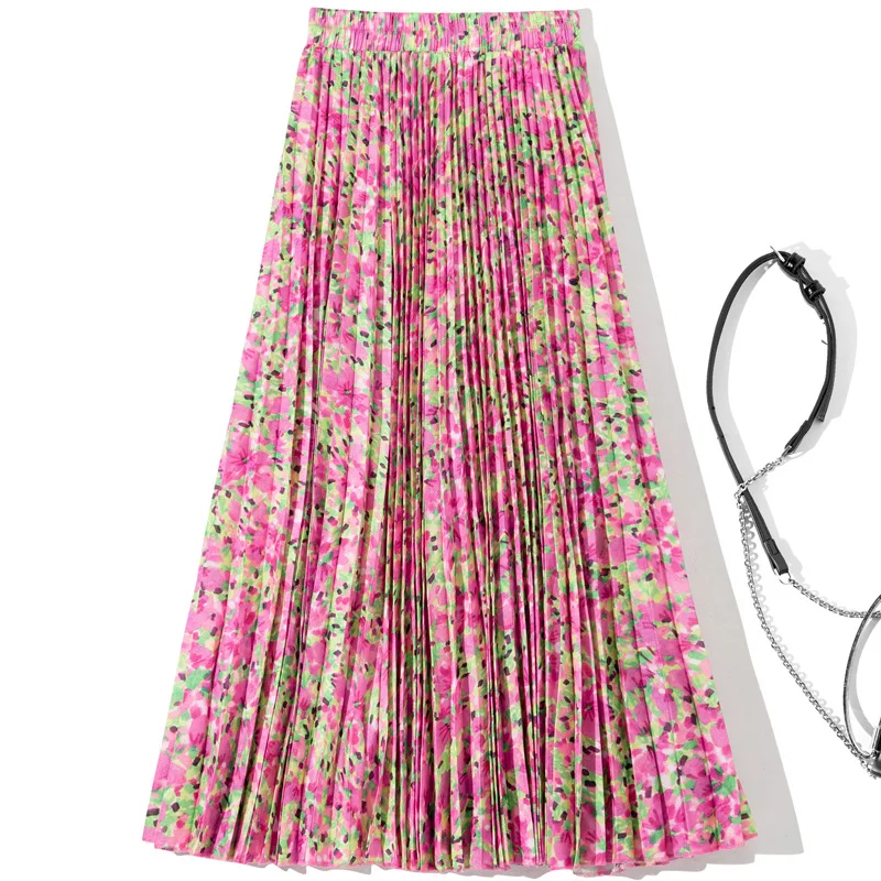 Printed pleated half  mid length skirt korean style clothes harajuku fashion Long elegant social women's skirts