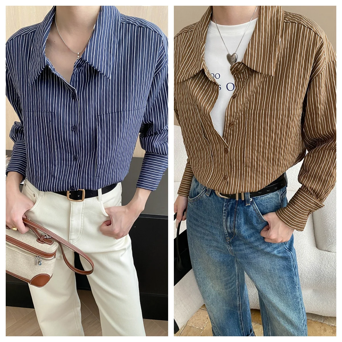 

2025 Spring And Autumn French Retro Contrast Striped Shirt Lapel Loose Long Sleeve Women's Shirt