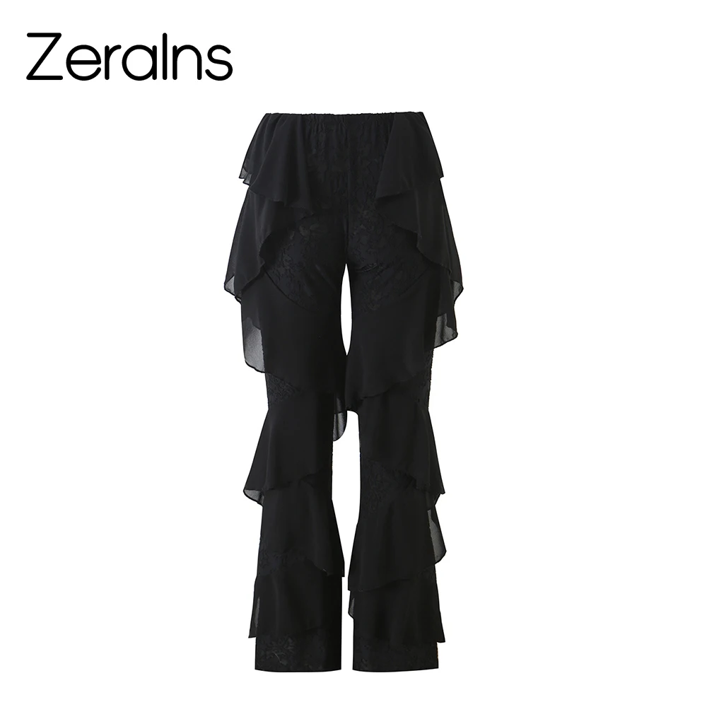 ZERAINS French sexy mesh splicing with slightly transparent ruffle edge design for slimming casual pants and pants
