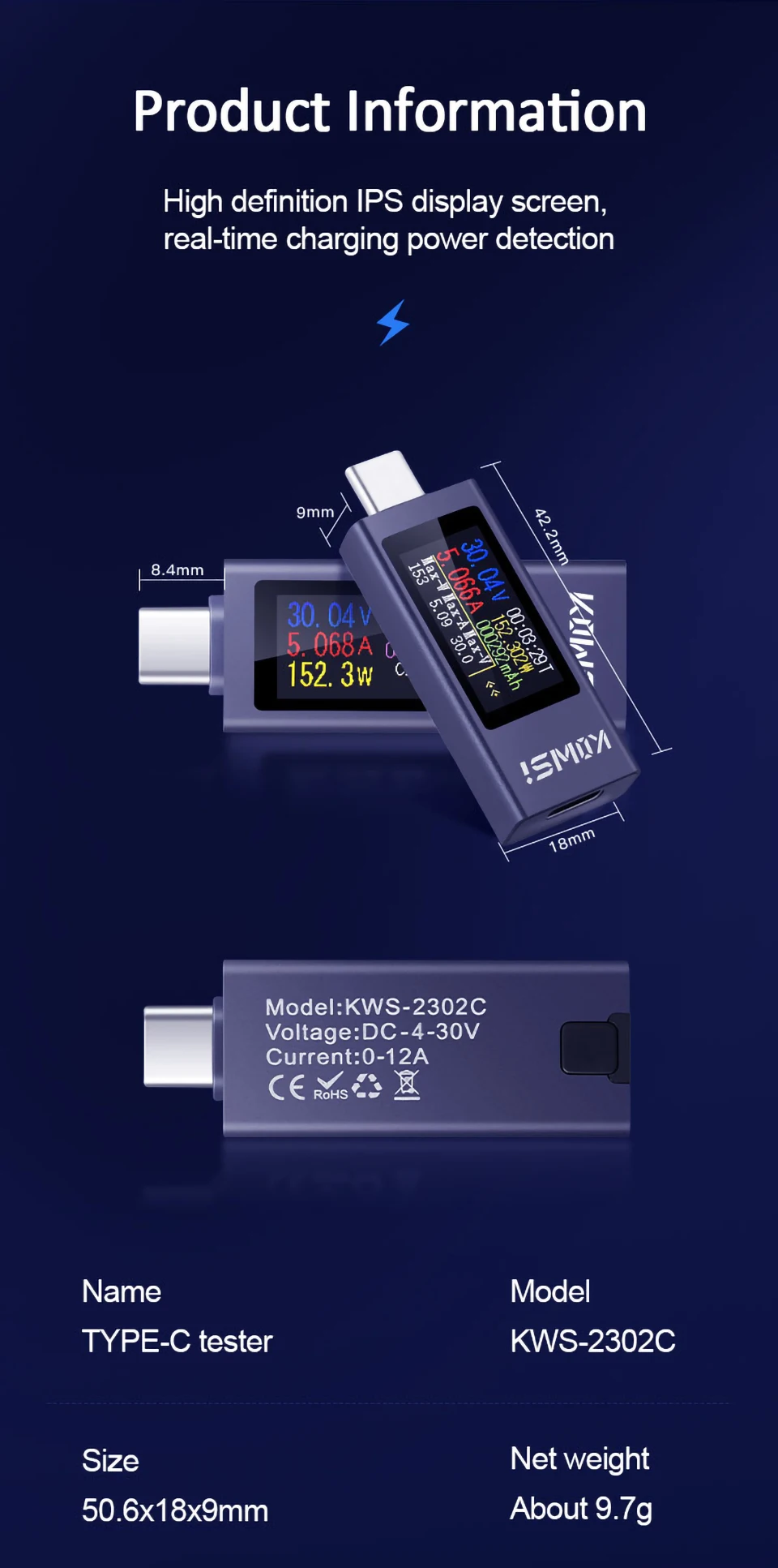 KWS-X1 4V-30V 12A Typ-C Tester Voltmeter Amperemeter TYPE-C Schnellladungserkennung Auslöser Kapazitätsmessung Rippelmessung – Detail 25