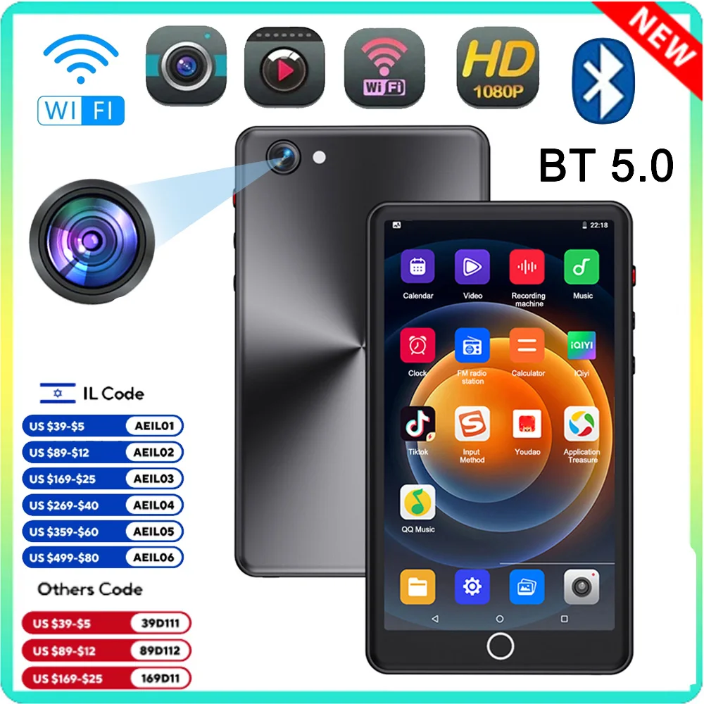 New Camera Mp4 Player Bluetooth Wifi Android 16GB Memory Touch Screen Hifi Music Recorder Video Mp3 Player With Speaker TF Card