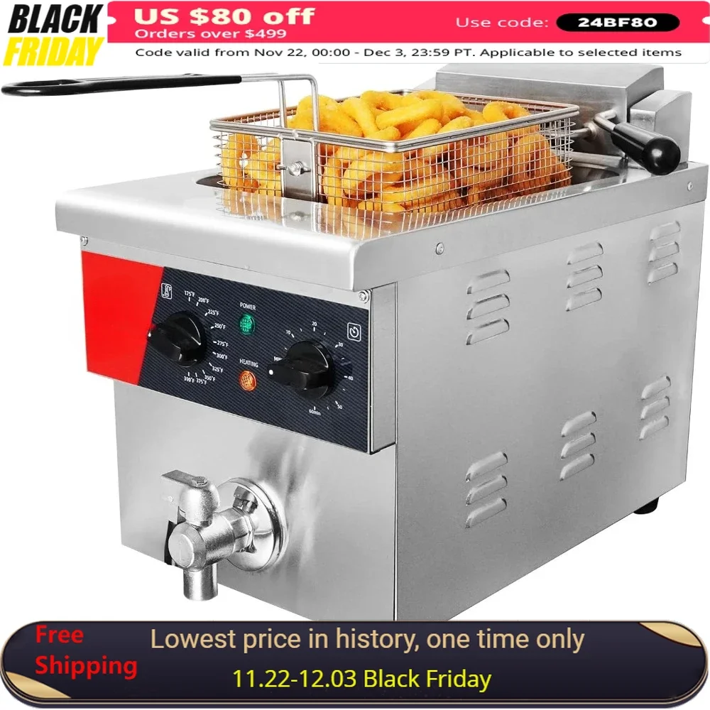 8L Countertop Electric Deep Fryer with Draining Valve, Solid Basket and Lid 120V,1800W Stainless Steel, Commercial Deep Fryer