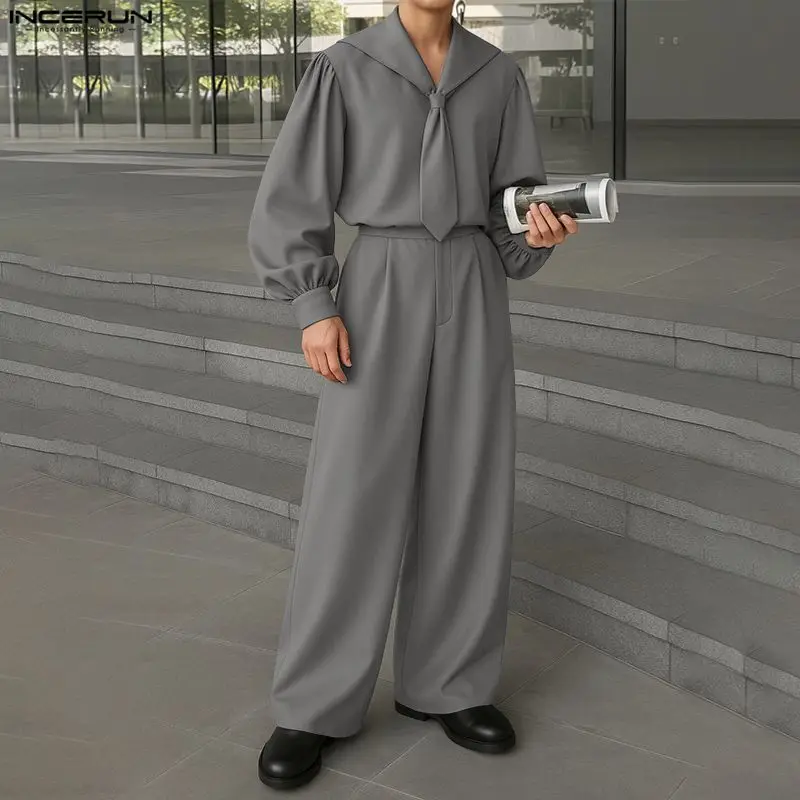 

INCERUN Мужские комплекты однотонные оверсайз темно-синие рубашки с длинным рукавом и брюки комплекты из двух предметов уличная одежда свободные модные мужские костюмы 2025 года