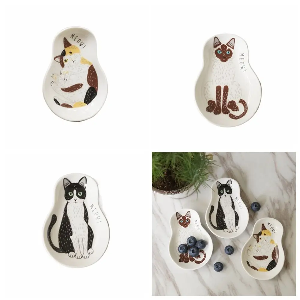 Easy to Clean Cute Cat Condiment Disc Lucky Cat Pattern Japanese Style Water Drop Shape Plates Ceramic Fruit Plates Dessert