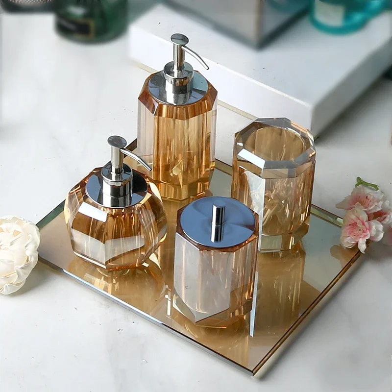 Amber Crystal Glass Lotion Bottle Aromatherapy Jar Bathroom Accessories Hotel Deluxe Press Soap Dispenser Empty Bottle Tray Set