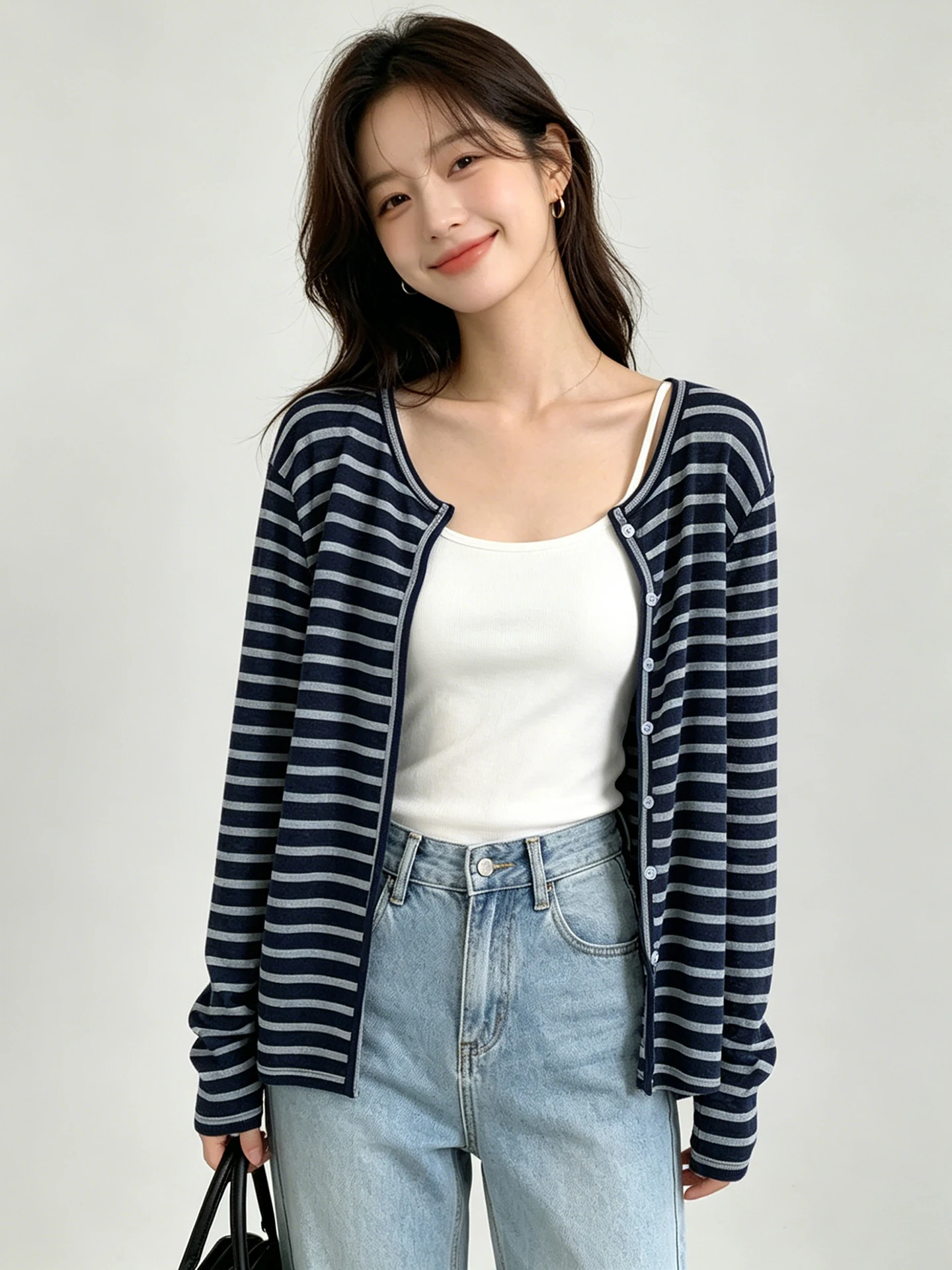 

plus Size Women's Casual Lazy Striped Knitted Open Cardigan Summer 2026 New Loose Slimming Top Trendy Long Sleeve UV Protection