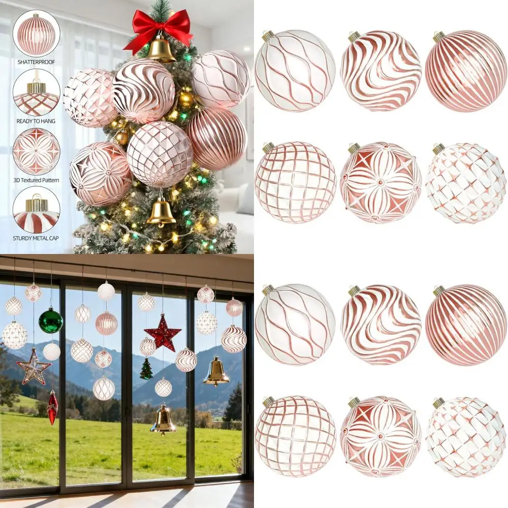 

Shatterproof Outdoor Christmas Ball Ornaments, Large Assorted Relief Pattern Decorations, White & Rose Gold, Ideal for Winter Ho