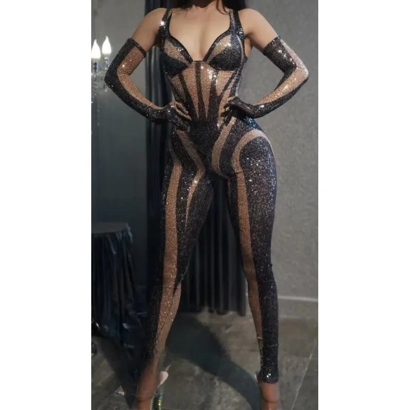 Women Black White Full Sequin Suspender Jumpsuit Sexy Stage Performance Costume for Singer Dancer Model Nightclub Bar Party