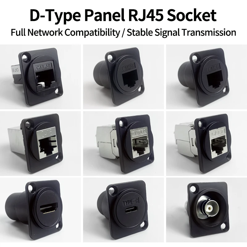 D-Type Panel Mount RJ45 Socket – CAT5e / CAT6 Ethernet Network Connector for Industrial Enclosure, Server Rack & Wall Box Wiring