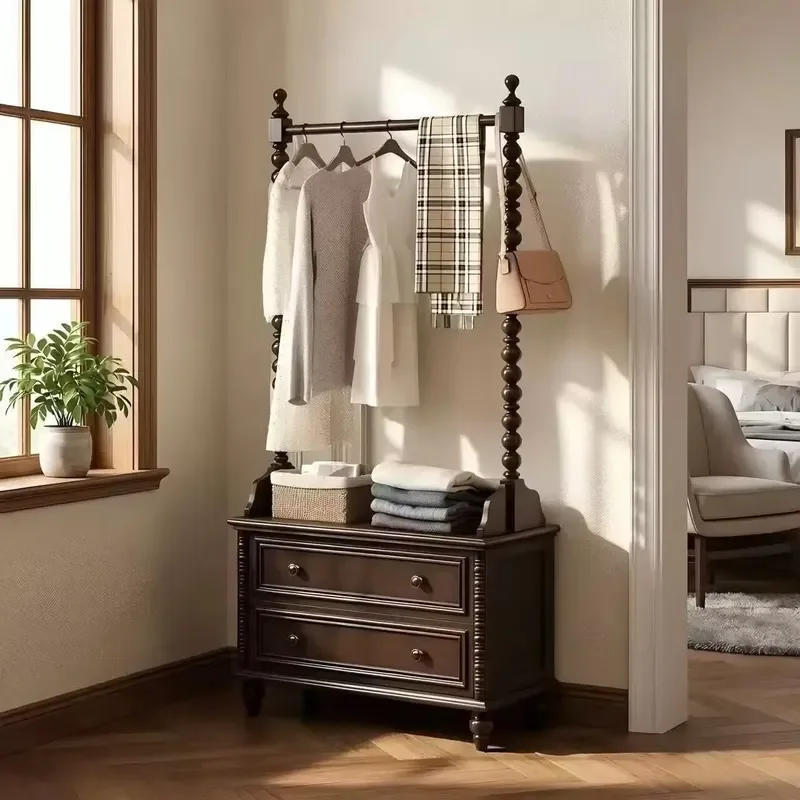 Solid Wood American Country Coat Rack Free Standing Antique Multifunctional Entryway Bench Shoe Organizer Clothes