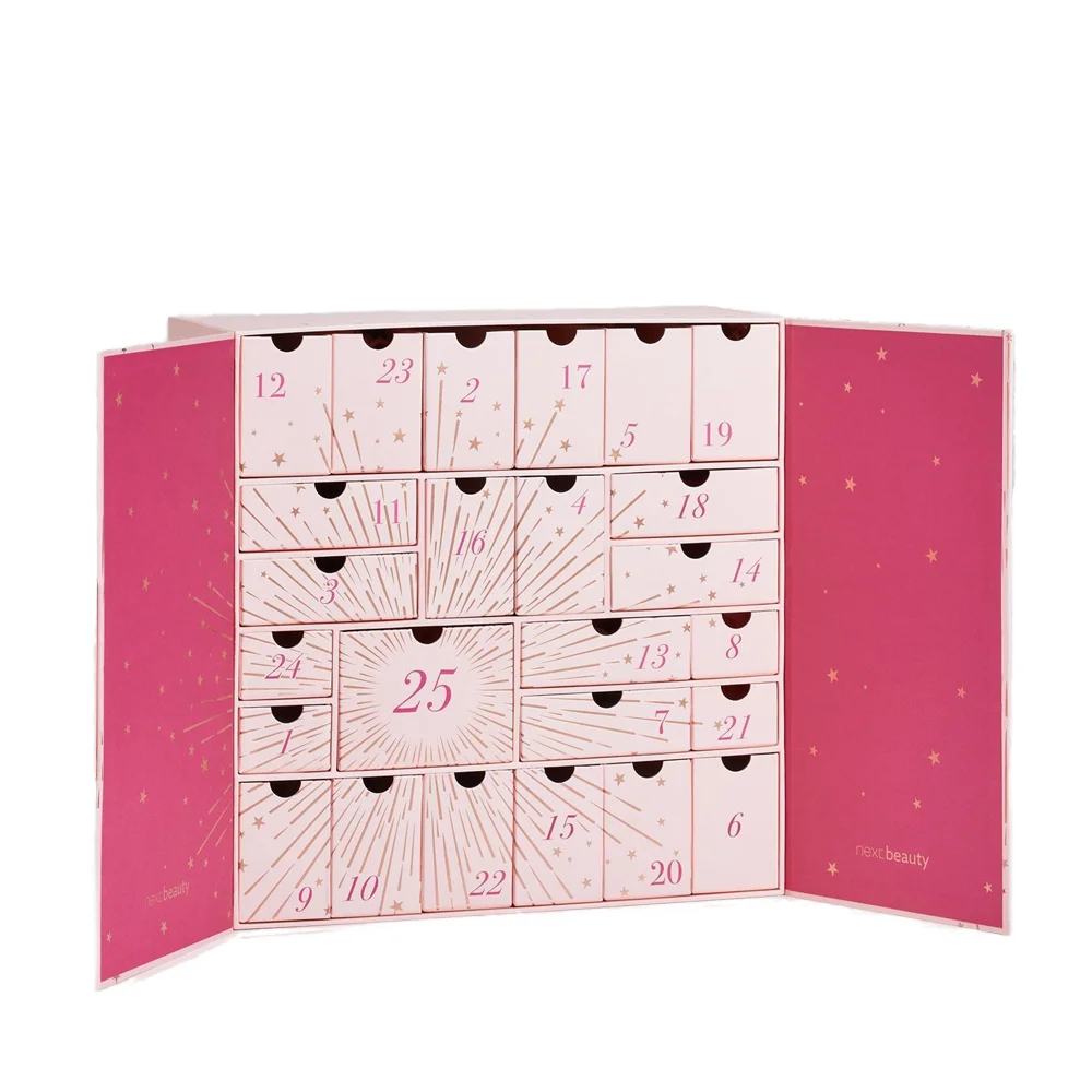 Customization.Luxury Custom 25 Days Pink Cardboard Advent Calendar Box Embossed Paperboard Gift Box for Skin Care Lotion Shampoo