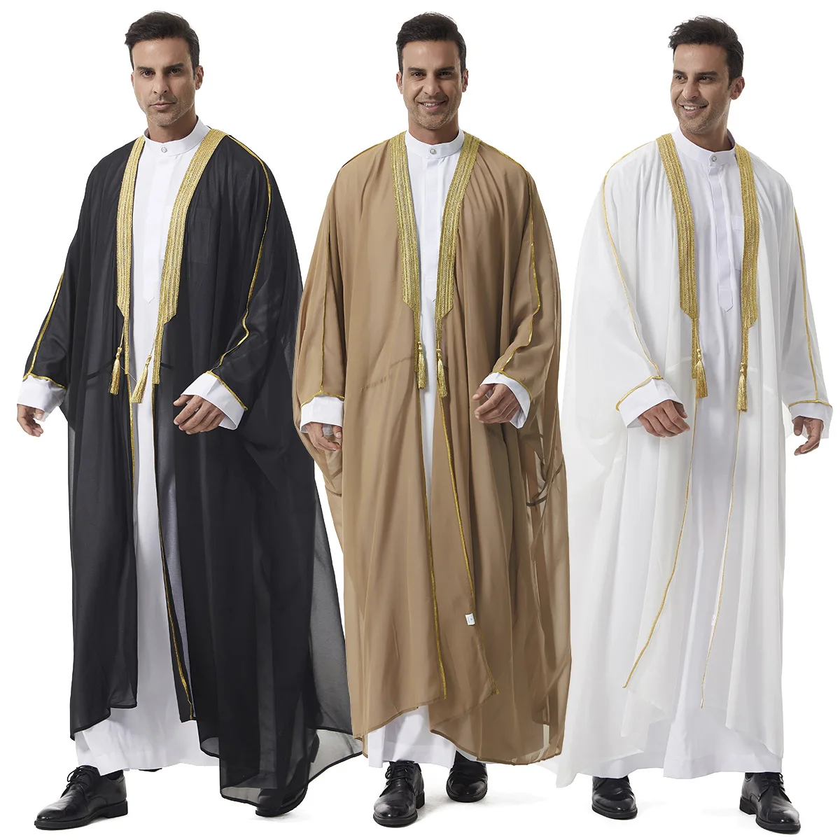 Men's Arabic Robe - Middle East Saudi Lace Trim Tassel Chiffon Outerwear Traditional Ethnic Style Thobe