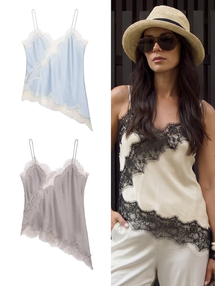 HH Women Elegant Irregular Hem Sexy Camis V Neck Lace Patchwork Spaghetti Straps Fashion Hollow Tops 2026 Summer Date Party Top