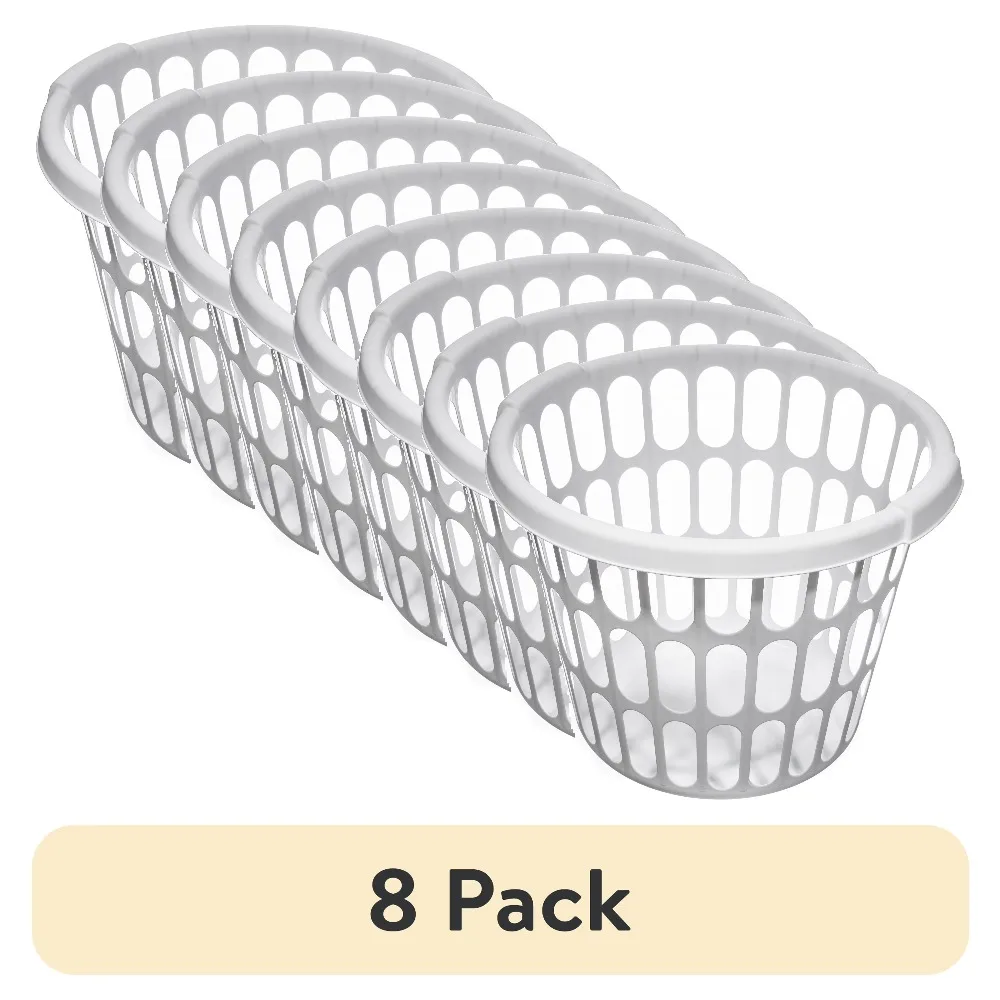 8 Pack White Plastic Round Laundry Basket Storage Hamper with Handles for Home Organization view 2
