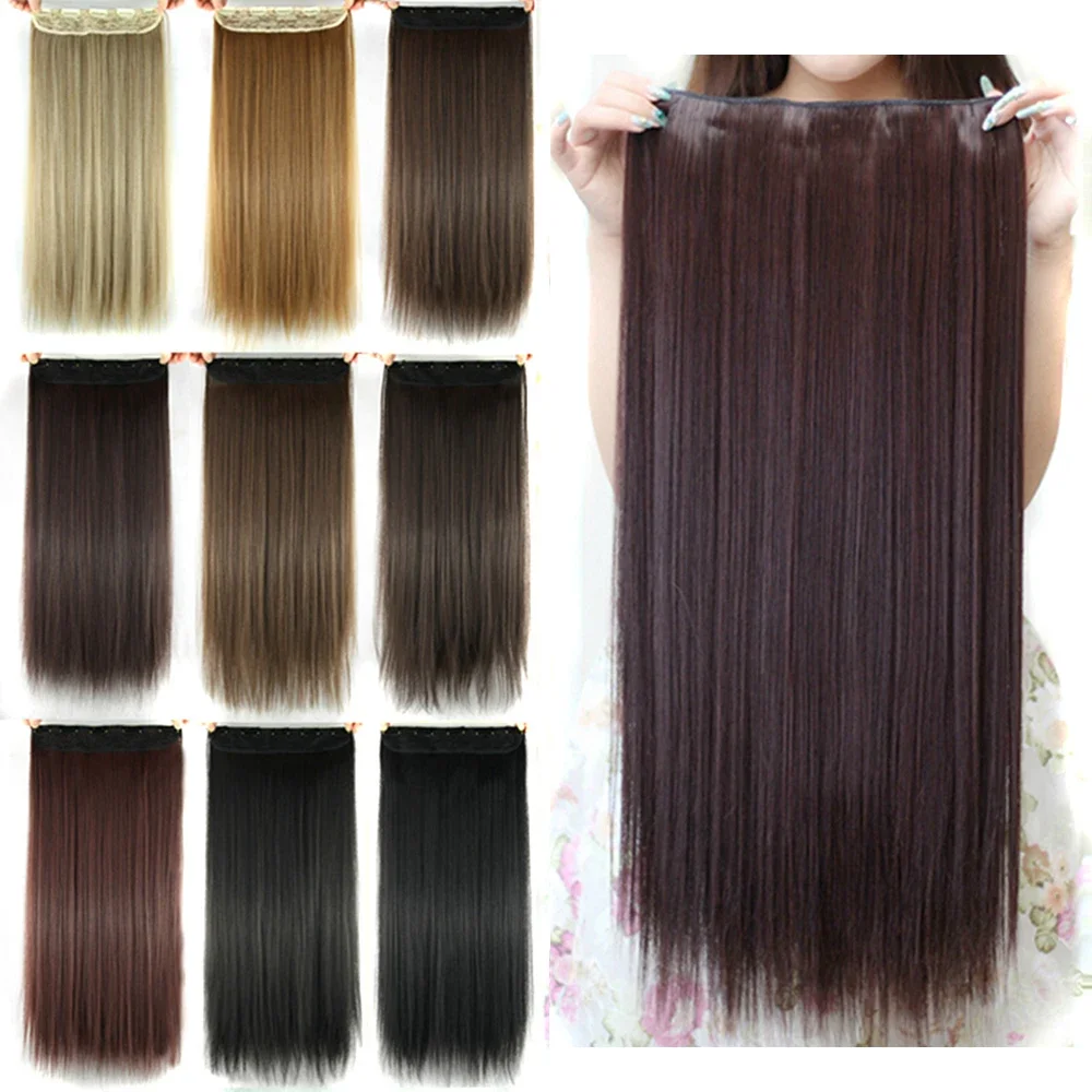 Soowee Long Straight Women Clip in Hair Extensions Black Brown High Tempreture Synthetic Hair Piece