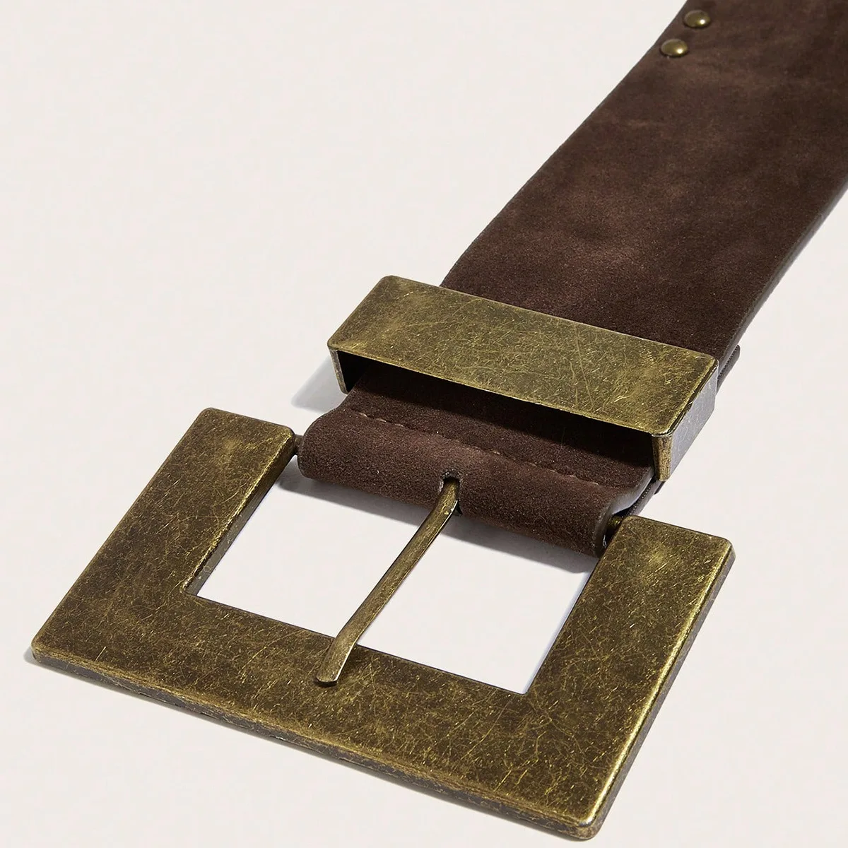 SKU FYYW1 American Vintage Distressed Studded Belt for Women, Brown Suede Antique Copper Pin Buckle Western Style Belt, Accessor