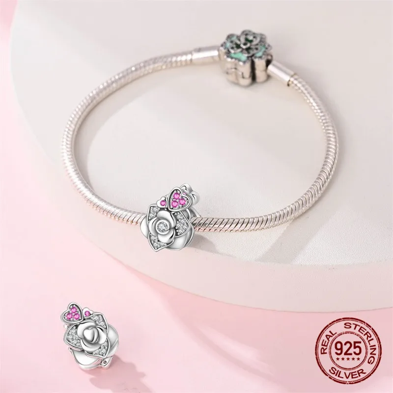 مجموعة خرز قلادة على شكل قلب من الفضة الإسترليني عيار 925 مع الزركون مع سوار أصلي هدية مجوهرات نسائية ذاتية الصنع