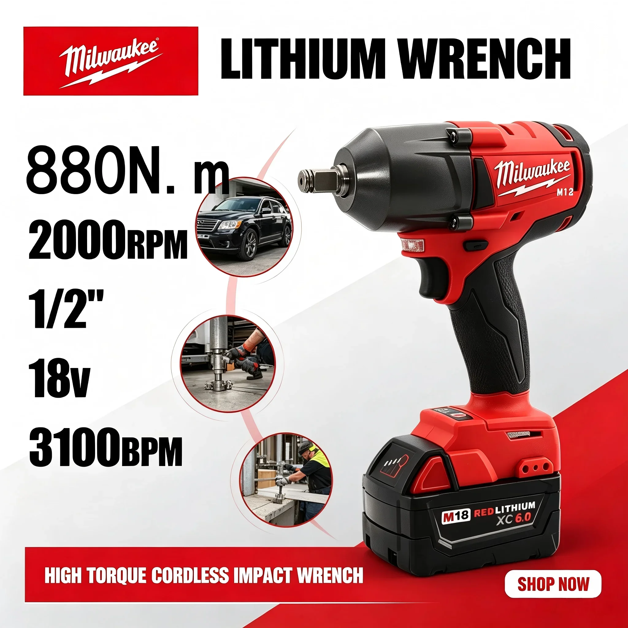 Milwaukee M12 Brushless Impact Wrench 880N.m Max Torque 1/2 Inch Square Drive 3 Speed Modes Cordless Tool No Battery Included