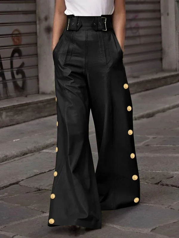 Modigirl Fall Spring Women's Black Faux Pu Wide Leg Pants Pleated Button Streetwear High Waisted Floor-length Trousers for Woman