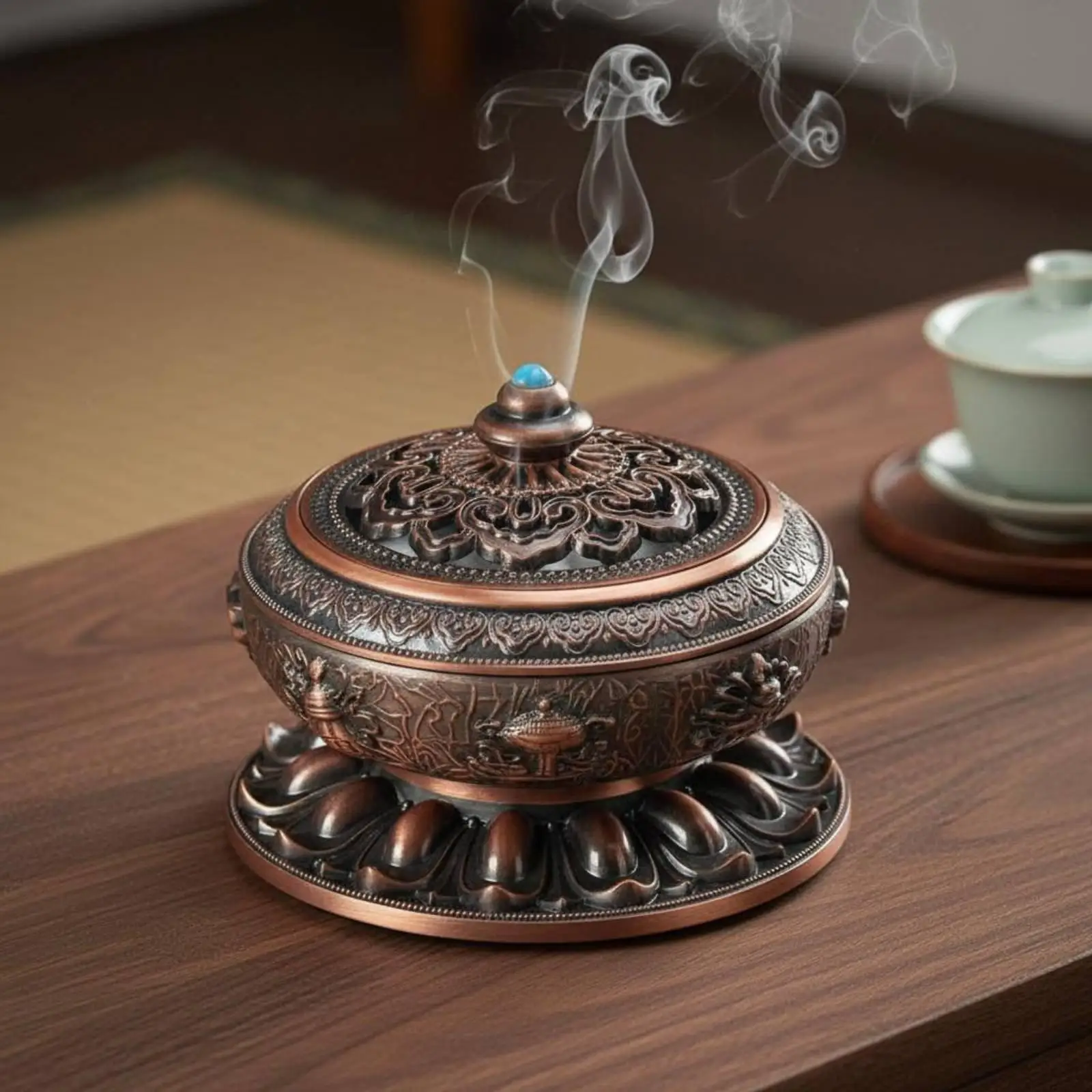 Spiritual Art Lotus Incense Burner Censer with Hollow Cover for Coil Cone Powder Scent Tibetan Style Copper Alloy Home Decor