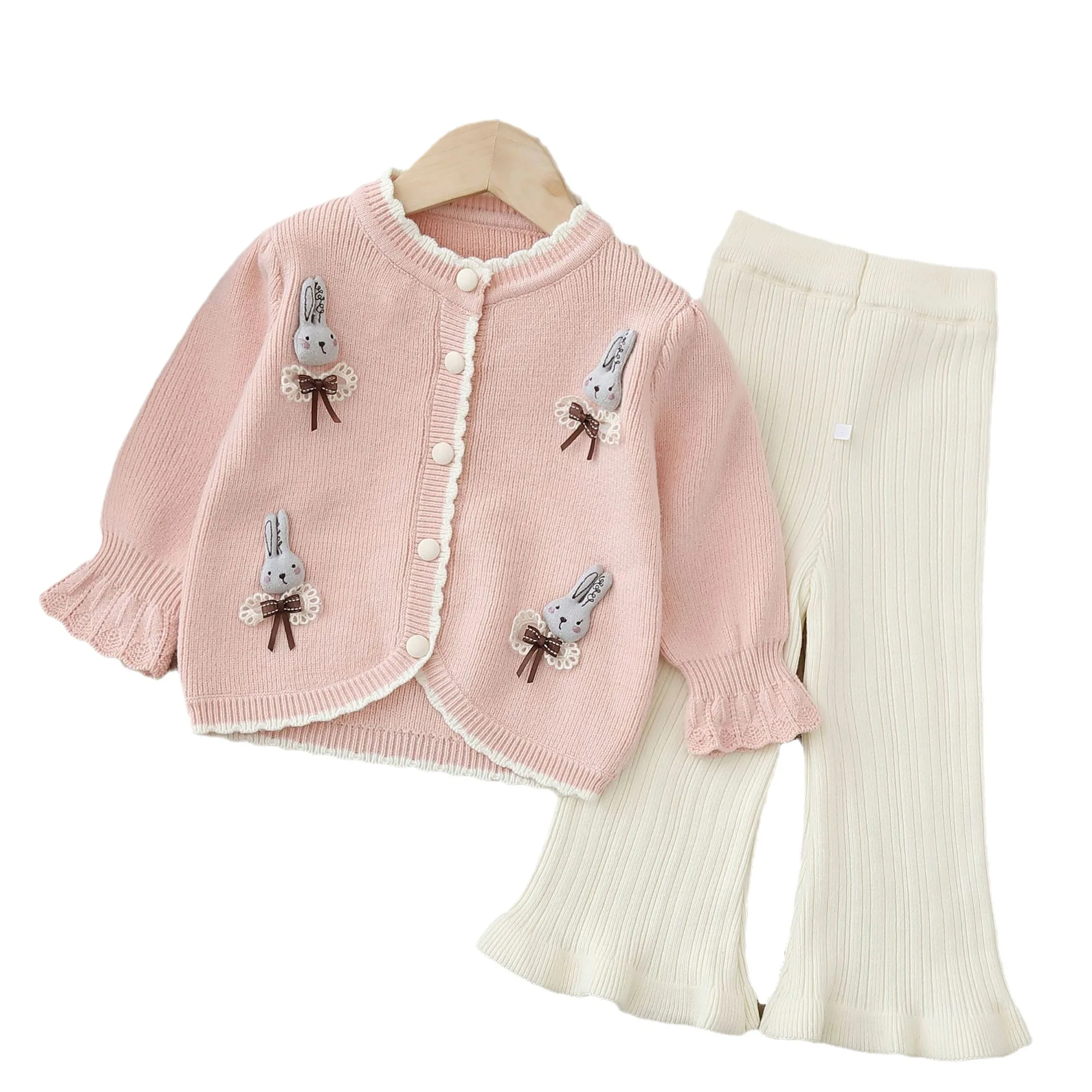 

Girls' cardigan and sweater two-piece knitted set, New autumn and winter cartoon rabbit top and pants two-piece set,, 2-6 years
