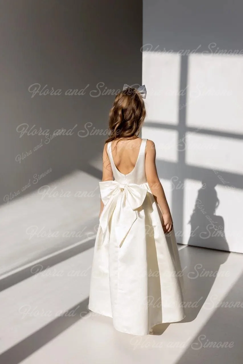 Vestido de cetim branco para meninas, vestido até o chão, linha a, com costas abertas e laço para cerimônias de casamento, festas formais de recepção