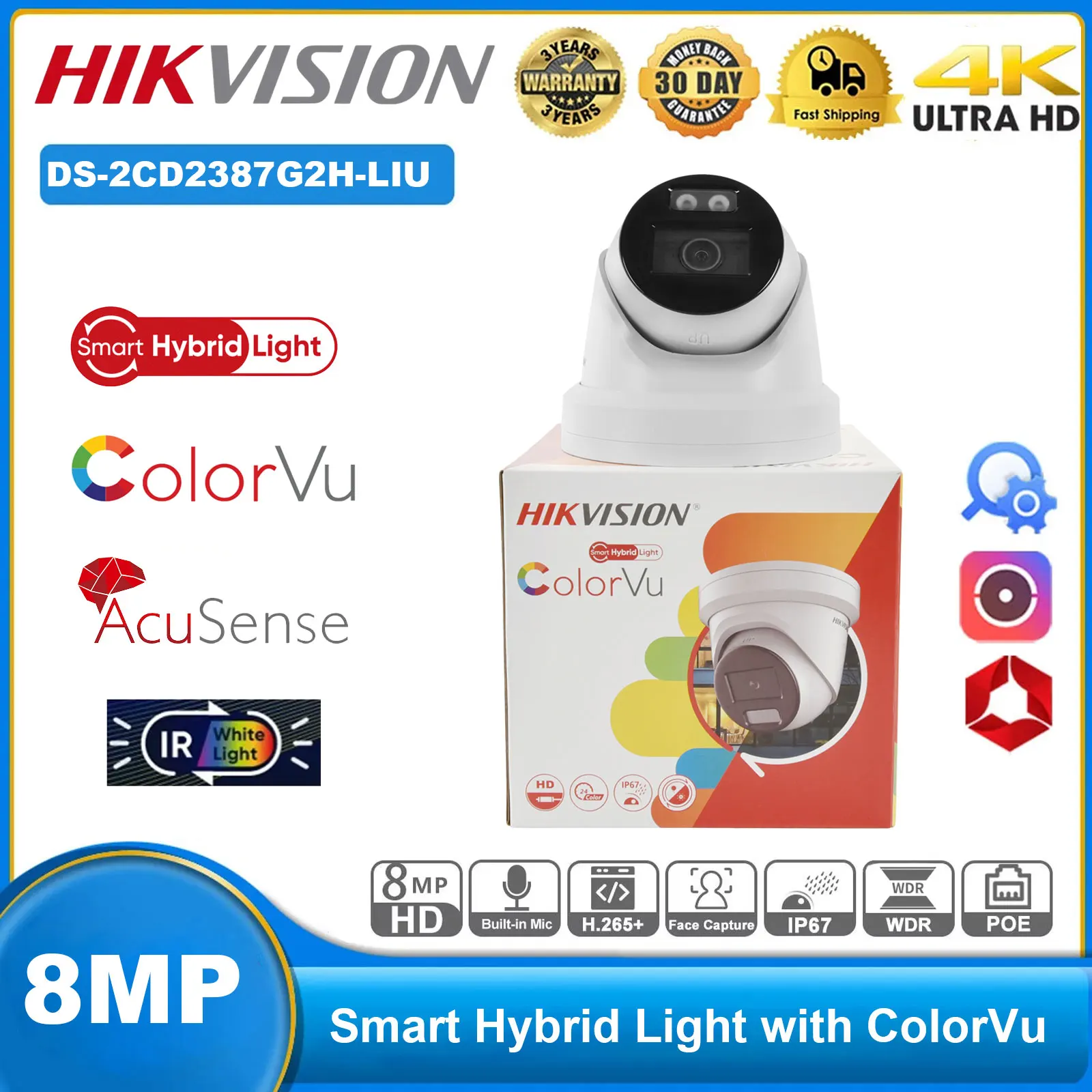 

IP-камера Hikvision 8 МП DS-2CD2387G2H-LIU 4K Smart Hybrid Dual-Light AcuSense ColorVu со встроенным микрофоном, WDR 130 дБ, слотом для SD-карты, IP67