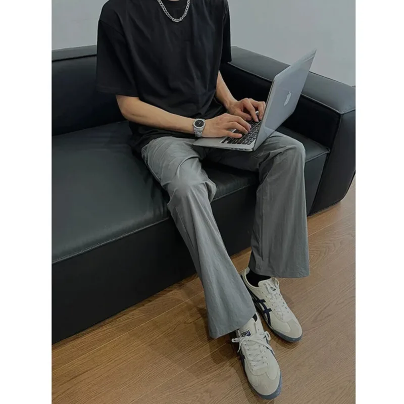 Summer Thin Pants Men Fashion Gray Black Casual Pants Men Streetwear Korean Loose Straight Ice Silk Pants Mens Trousers M-3XL