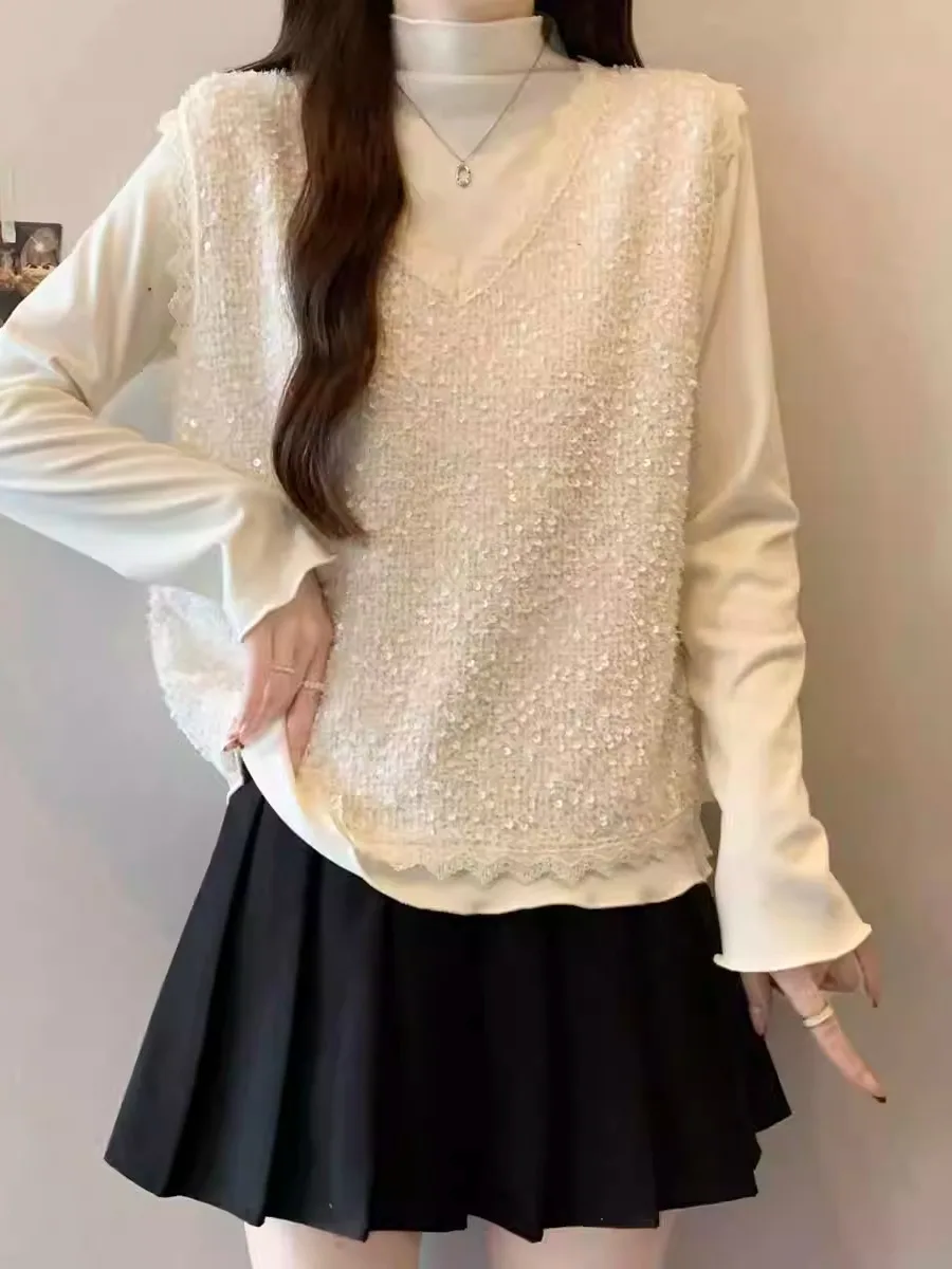 Fall 2026 New plus Size Black Shiny Sequin Vest Top Half High Collar Base Layer Shirt Two Piece Set Overlap Wear Women's Jacket